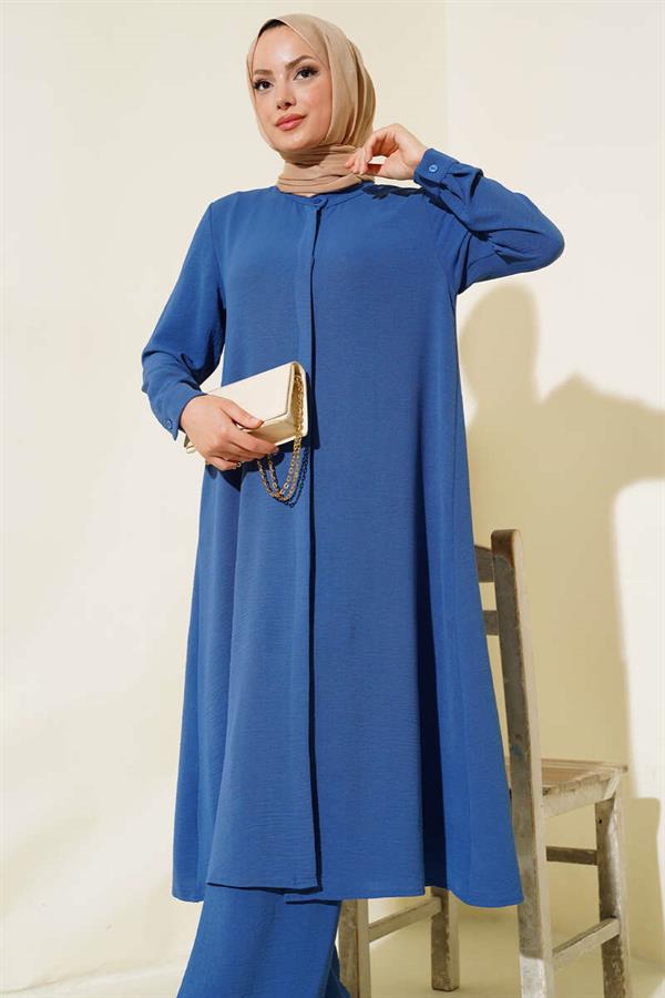 Hidden Buttoned Casual 2 Piece Set Indigo