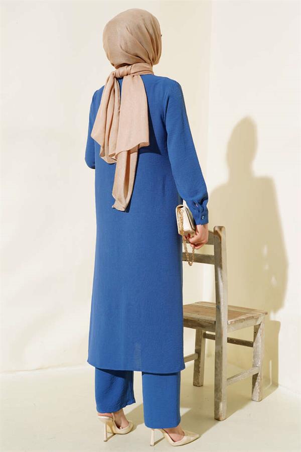 Hidden Buttoned Casual 2 Piece Set Indigo