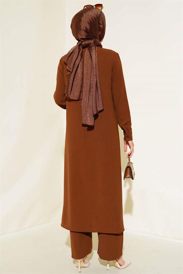 Hidden Buttoned Casual 2 Piece Set Brown