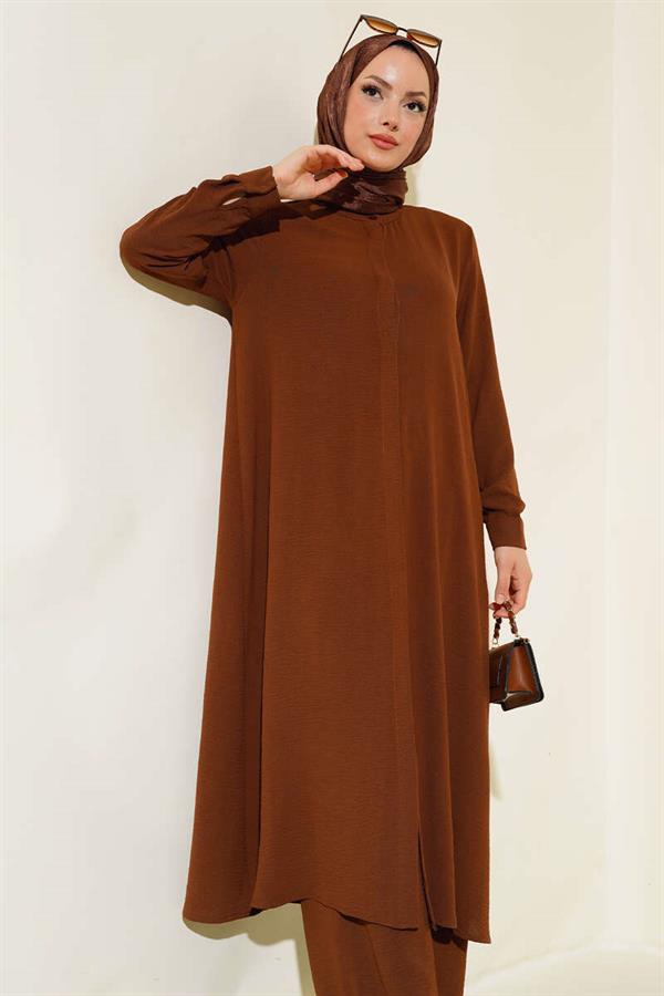 Hidden Buttoned Casual 2 Piece Set Brown