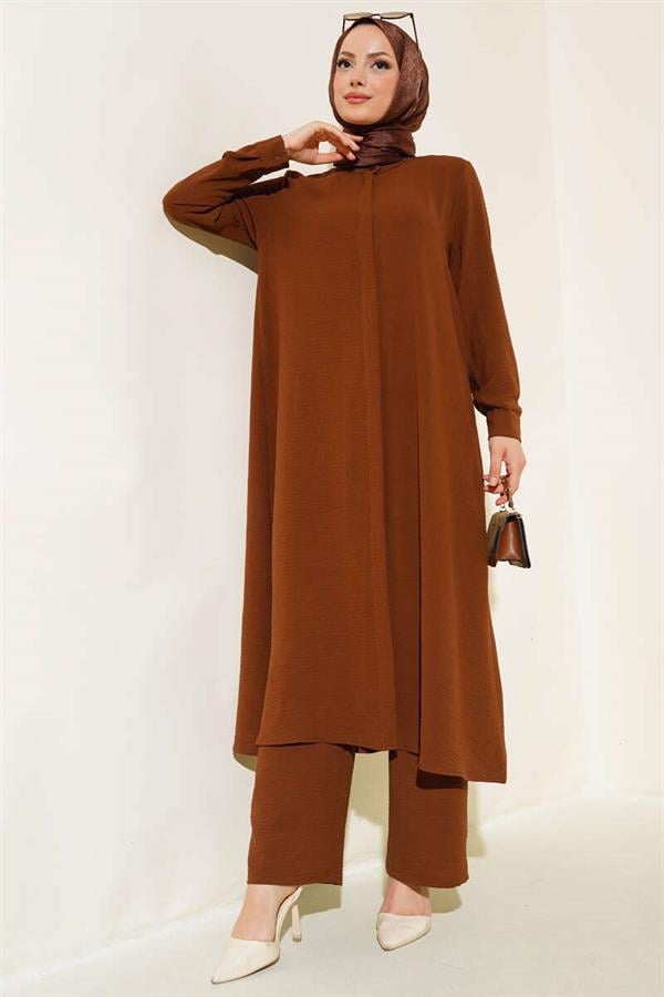 Hidden Buttoned Casual 2 Piece Set Brown