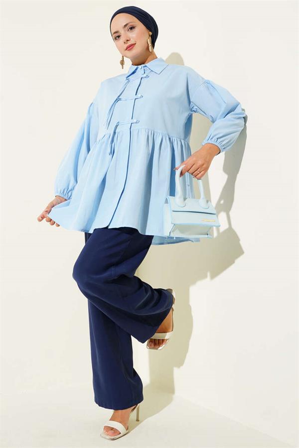 Hidden Button-Up Top-Down Shirt Blue
