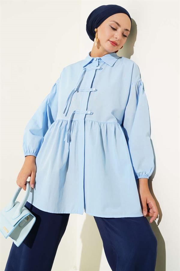 Hidden Button-Up Top-Down Shirt Blue