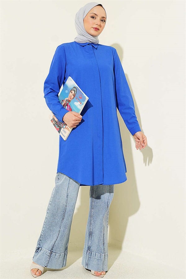 Long Basic Shirt with Concealed Buttons (Navy Blue)