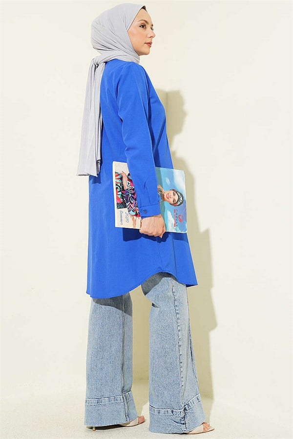 Long Basic Shirt with Concealed Buttons (Navy Blue)