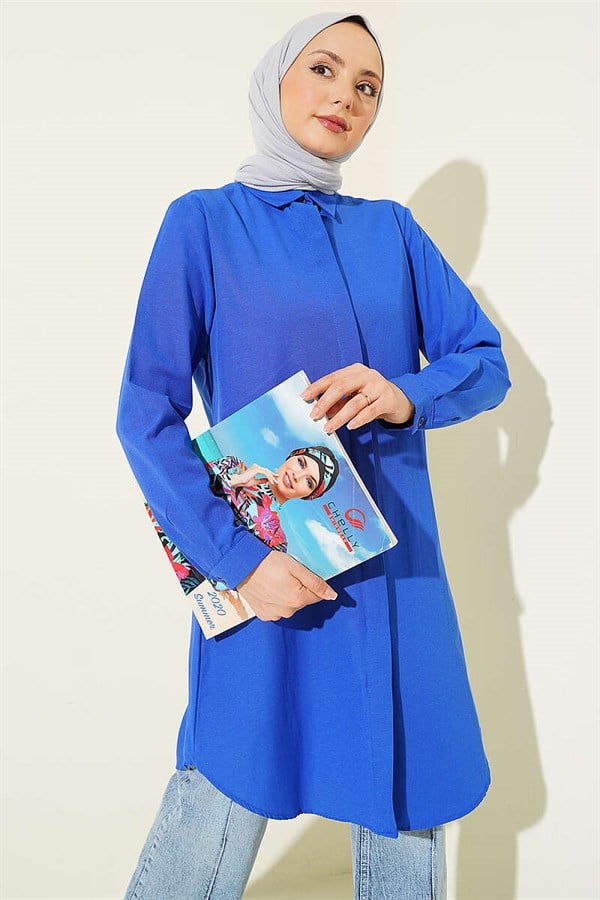 Long Basic Shirt with Concealed Buttons (Navy Blue)