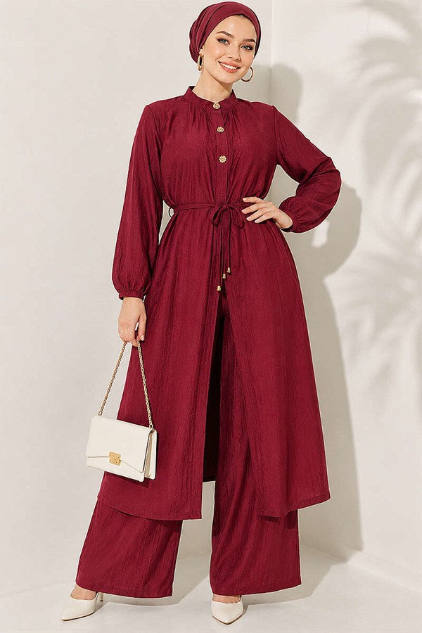 2 Piece Set with long tunic and hidden buttons, burgundy.