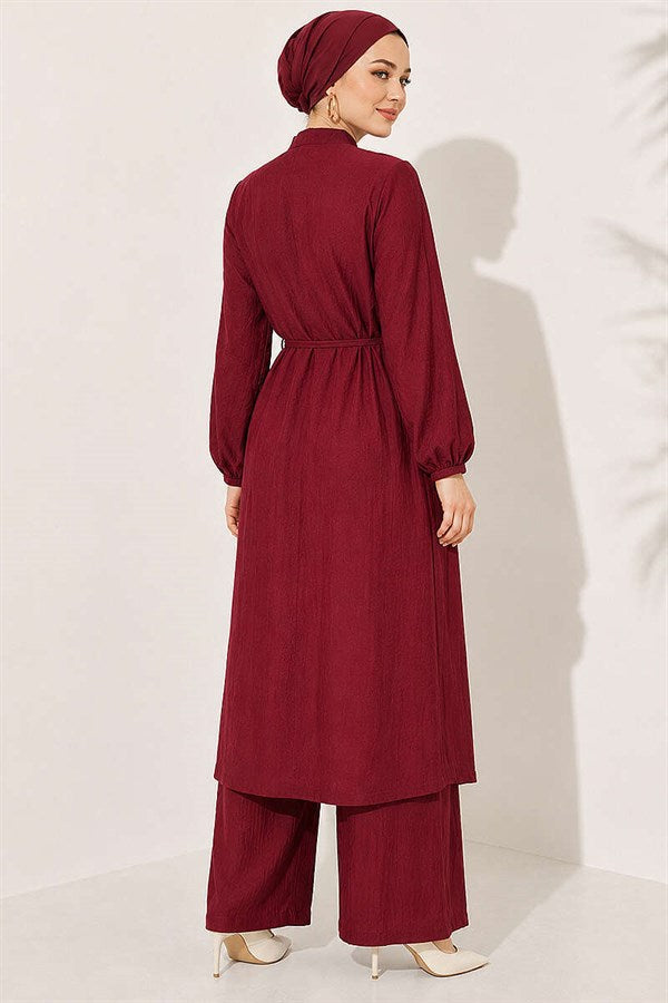 2 Piece Set with long tunic and hidden buttons, burgundy.
