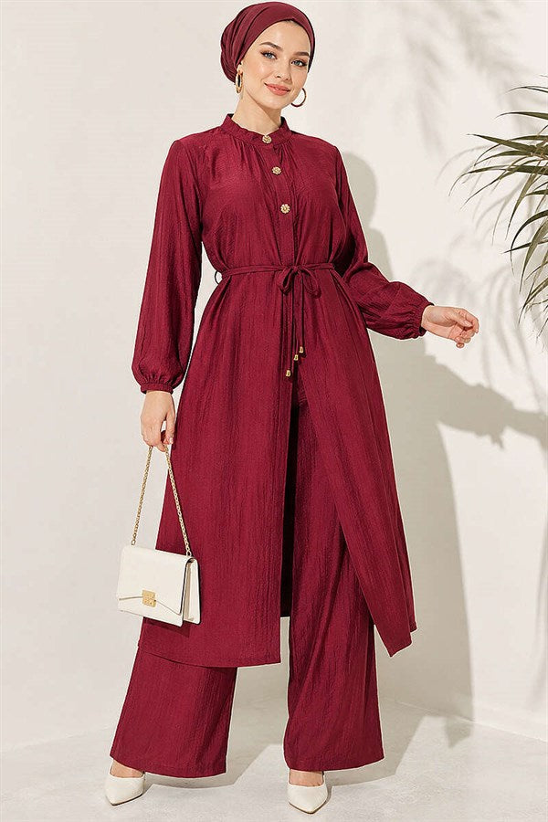 2 Piece Set with long tunic and hidden buttons, burgundy.