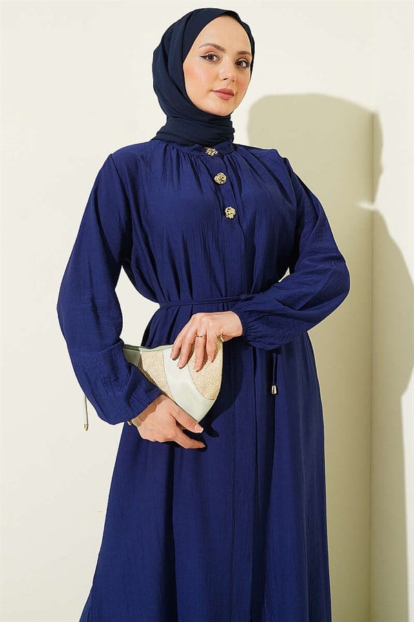 2 Piece Set with long tunic and hidden buttons, navy blue.
