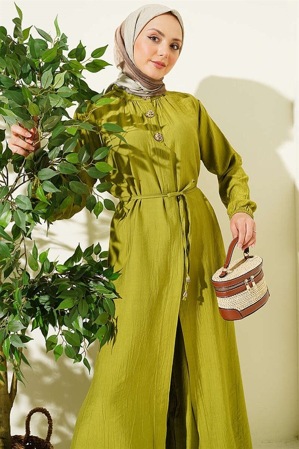 2 Piece Set with Long Tunic and Hidden Buttons, Olive Green