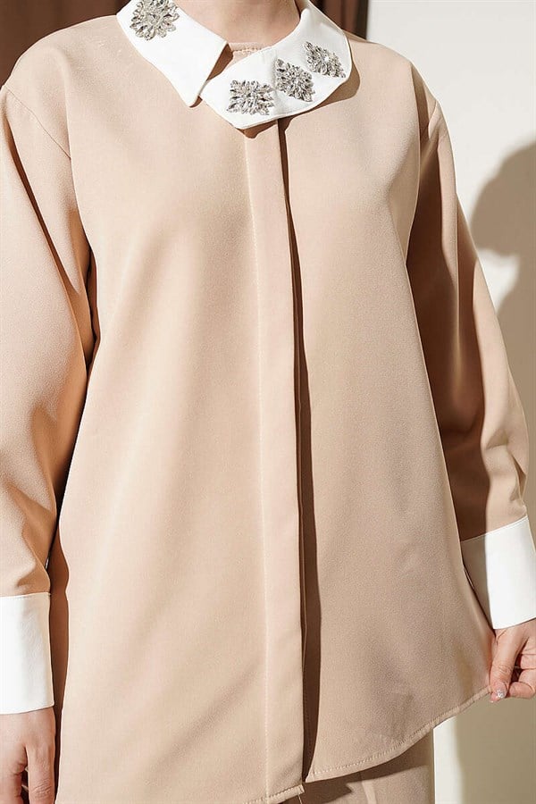 Beige 2 Piece Set with Hidden Buttons and Embellished Collar