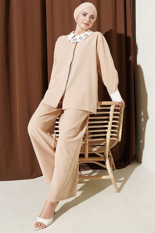 Beige 2 Piece Set with Hidden Buttons and Embellished Collar