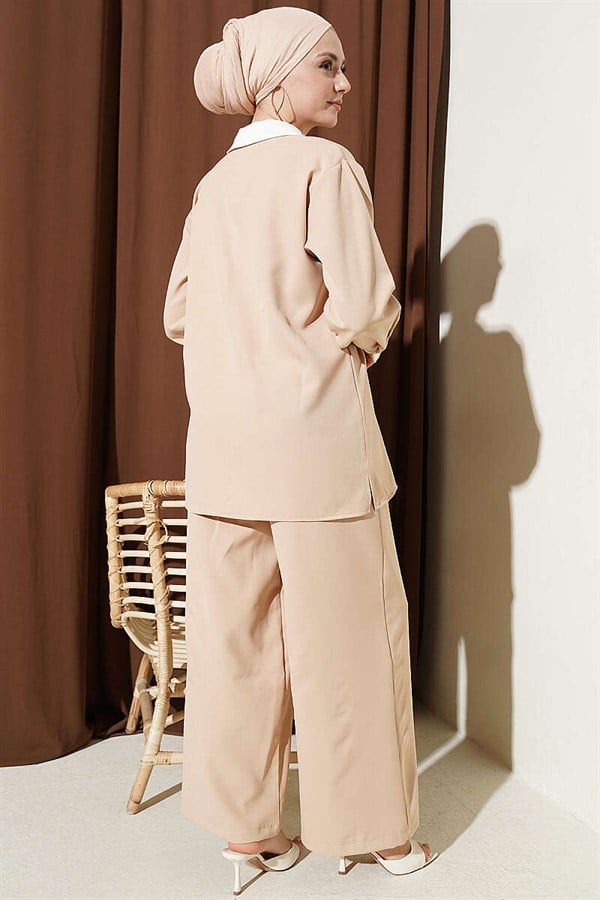 Beige 2 Piece Set with Hidden Buttons and Embellished Collar