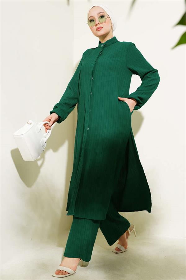 Hidden Button Side Slit Long Tunic 2 Piece Set Emerald