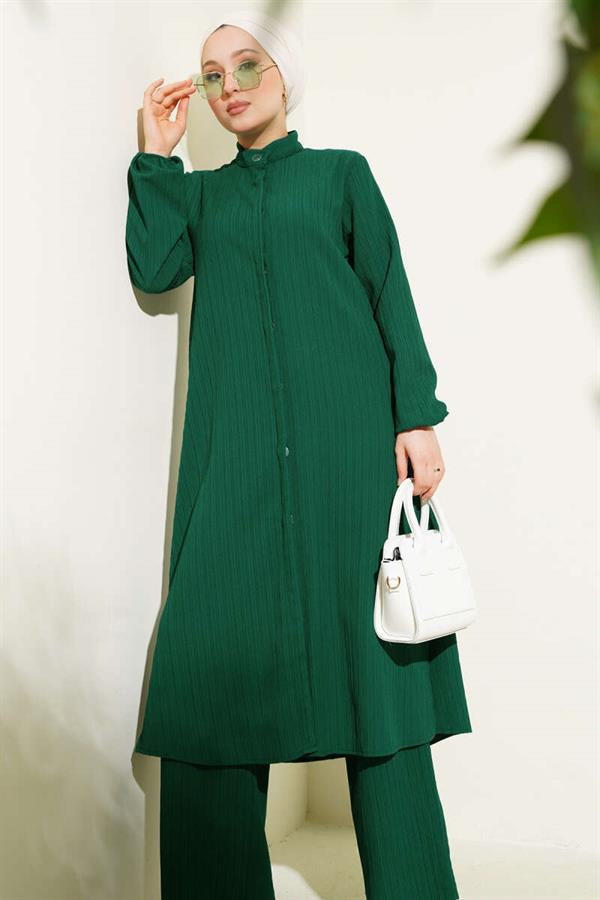 Hidden Button Side Slit Long Tunic 2 Piece Set Emerald
