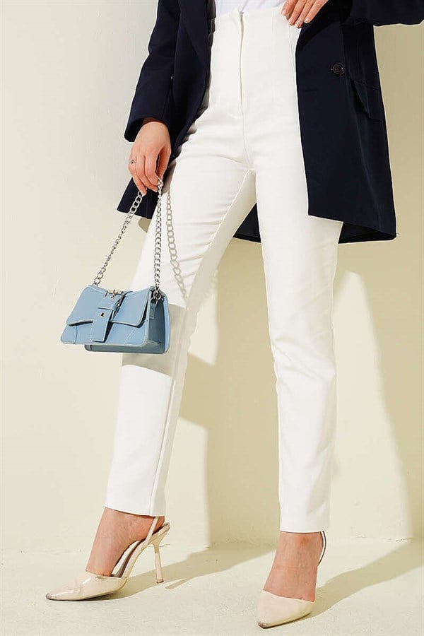 White Slim-Fit Trousers with Concealed Zipper