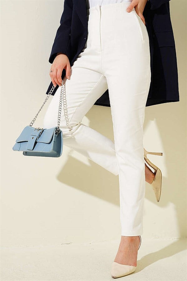 White Slim-Fit Trousers with Concealed Zipper