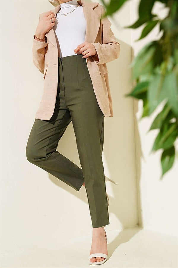 Khaki Slim-Fit Trousers with Concealed Zipper