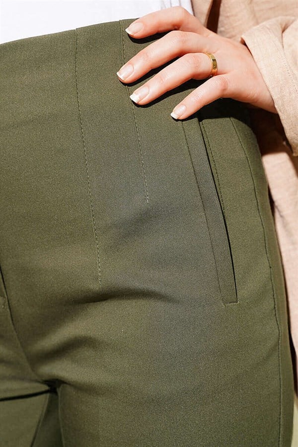 Khaki Slim-Fit Trousers with Concealed Zipper