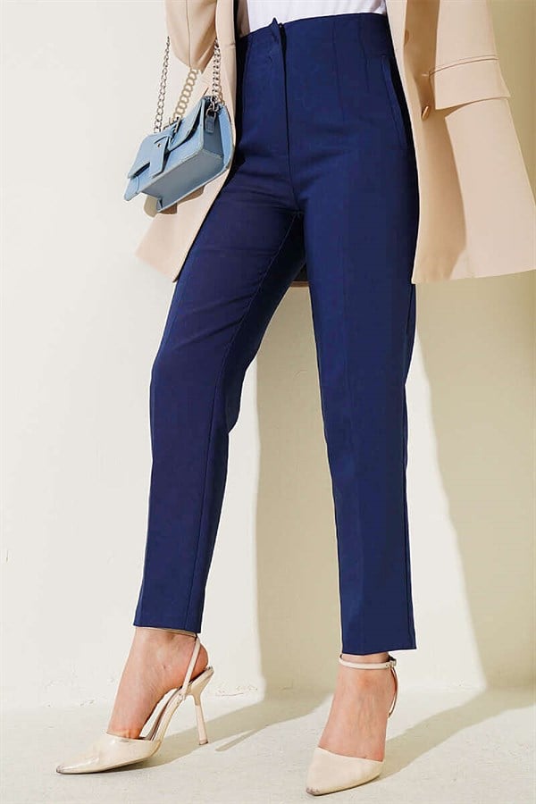 Navy Blue Slim-Fit Trousers with Concealed Zipper