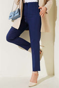 Navy Blue Slim-Fit Trousers with Concealed Zipper