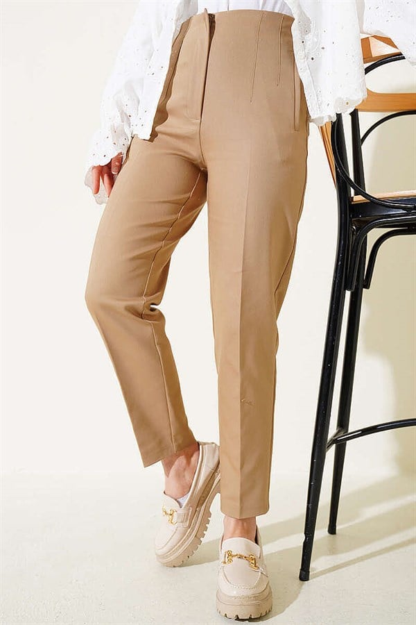 Slim-Fit Trousers with Concealed Zipper, Mink Color