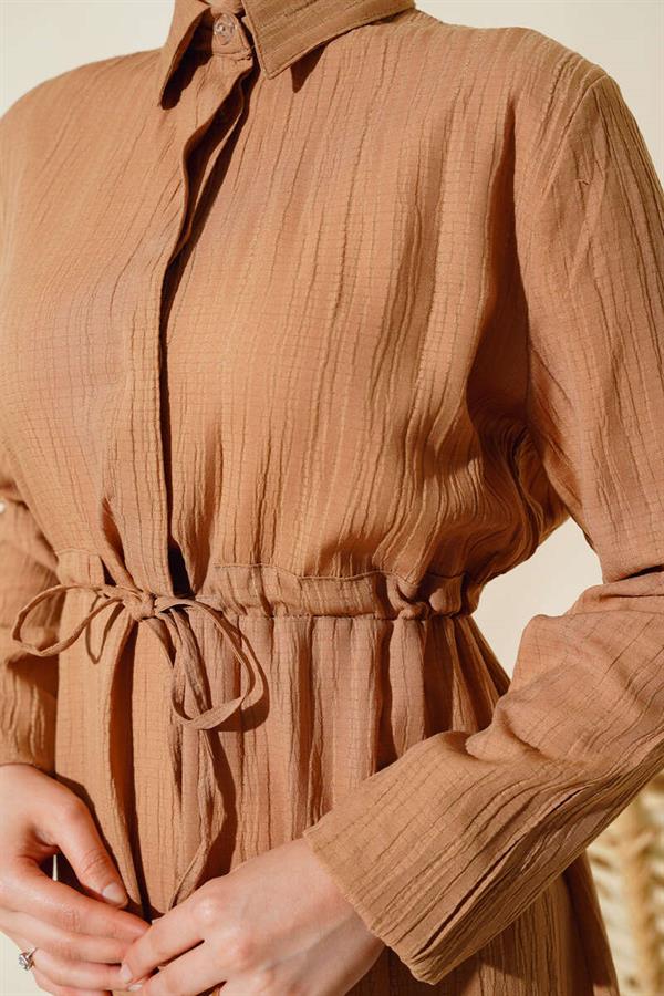 Hidden Half Button Dress Camel