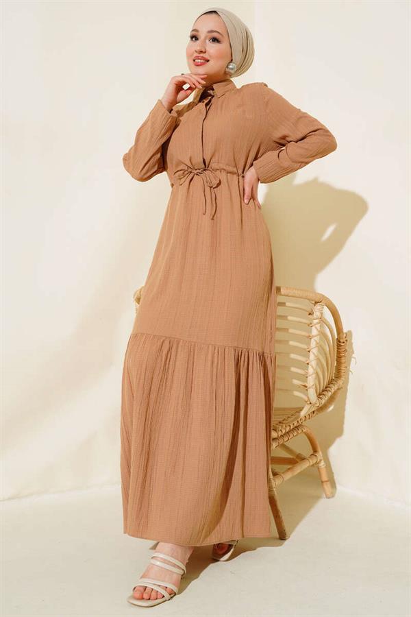 Hidden Half Button Dress Camel