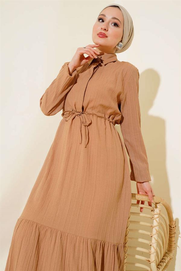 Hidden Half Button Dress Camel