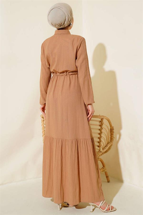 Hidden Half Button Dress Camel
