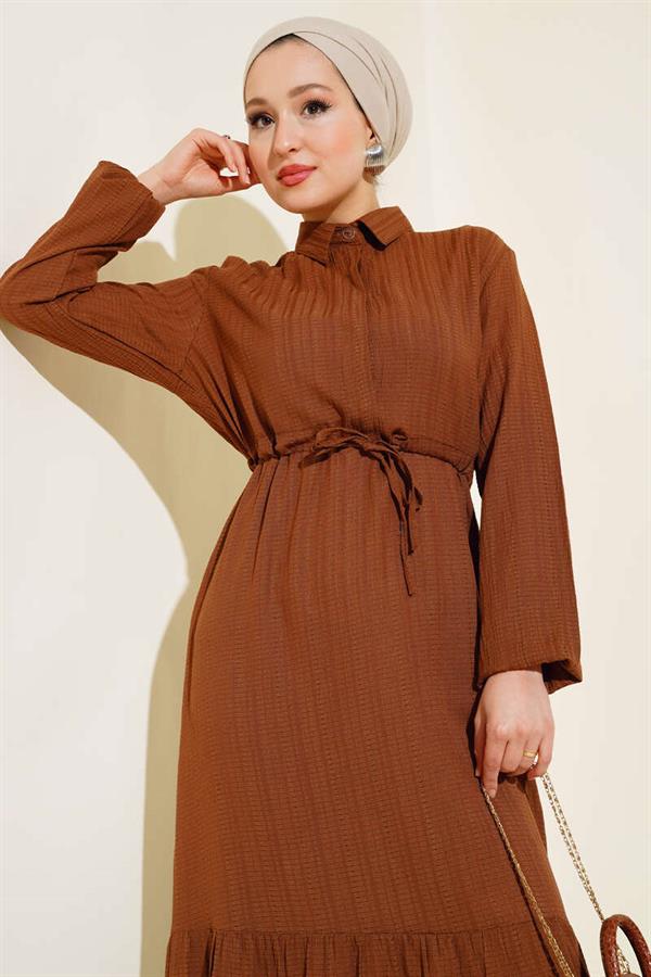 Hidden Half Button Dress Brown