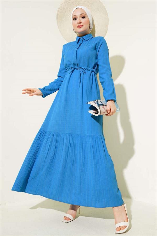 Hidden Half Button Dress Blue