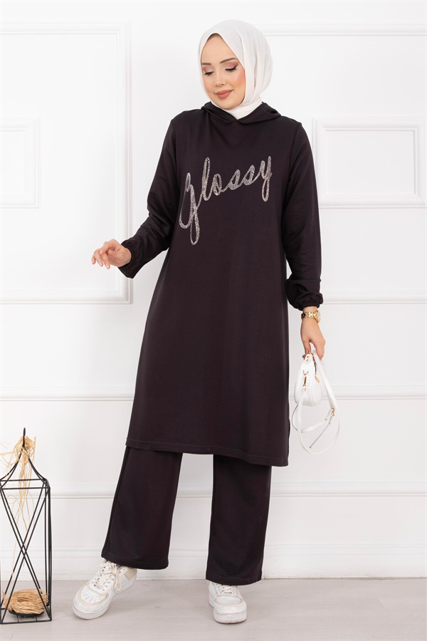 Glossy Stone Detail Hooded Hijab Set, Dark Gray