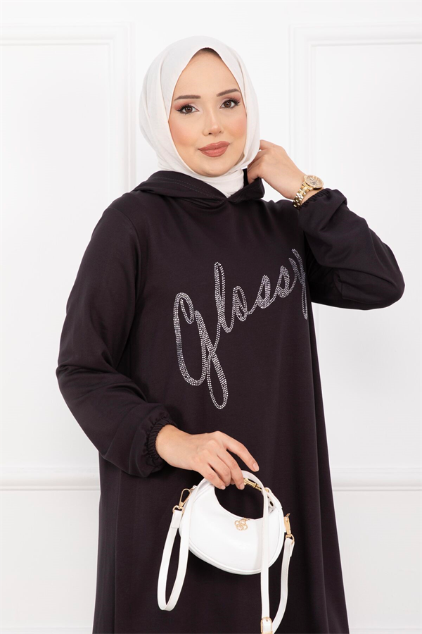 Glossy Stone Detail Hooded Hijab Set, Dark Gray
