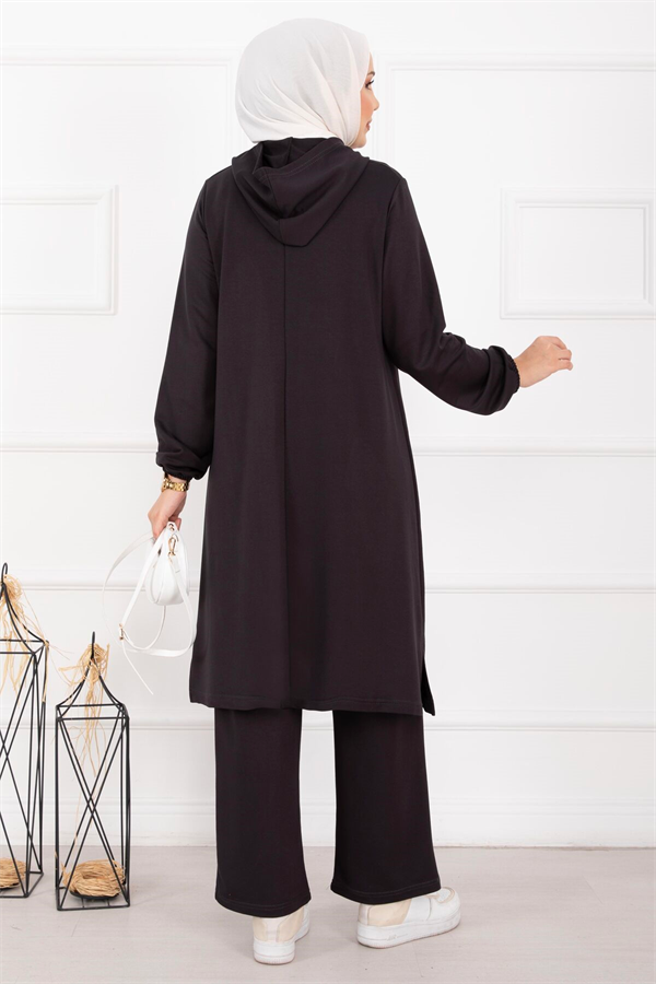 Glossy Stone Detail Hooded Hijab Set, Dark Gray