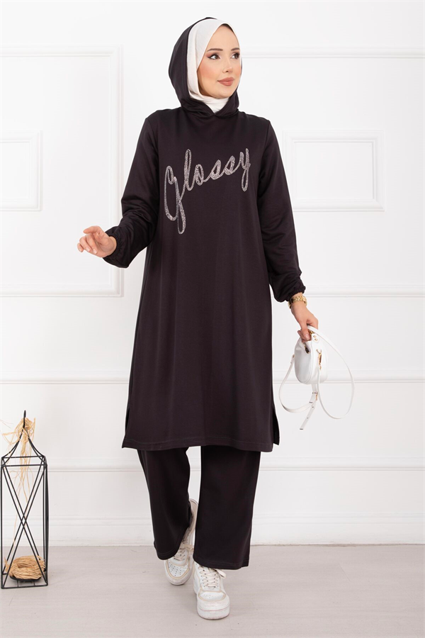 Glossy Stone Detail Hooded Hijab Set, Dark Gray