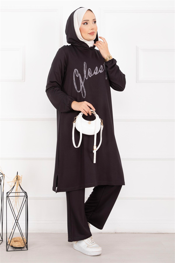 Glossy Stone Detail Hooded Hijab Set, Dark Gray