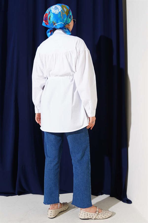 Chest Drawstring Waist Tunnel Shirt White