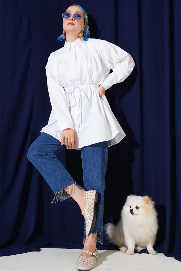 Chest Drawstring Waist Tunnel Shirt White