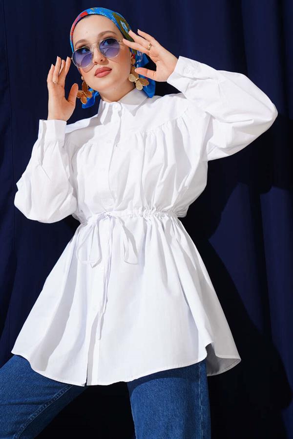 Chest Drawstring Waist Tunnel Shirt White