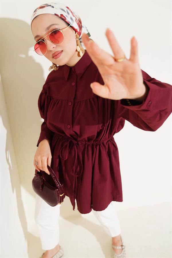 Chest Drawstring Waist Tunnel Shirt Claret Red