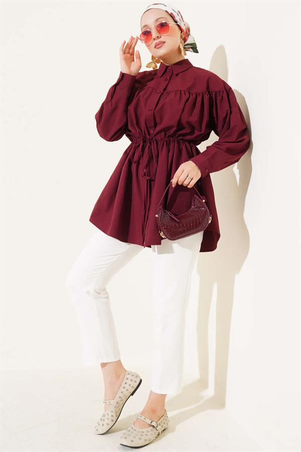 Chest Drawstring Waist Tunnel Shirt Claret Red
