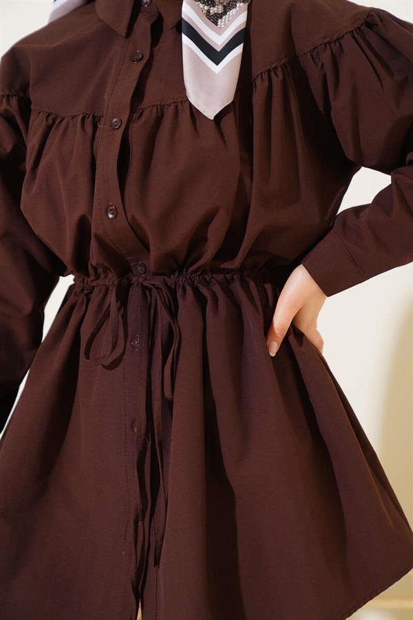 Chest Drawstring Waist Tunnel Shirt Brown