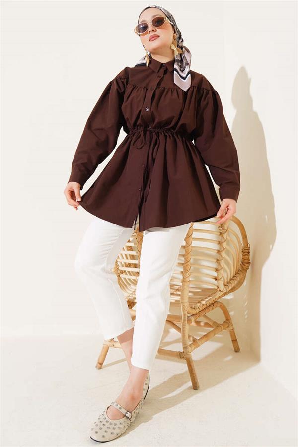 Chest Drawstring Waist Tunnel Shirt Brown