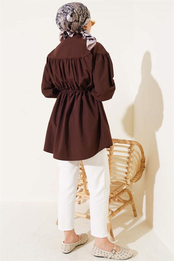 Chest Drawstring Waist Tunnel Shirt Brown