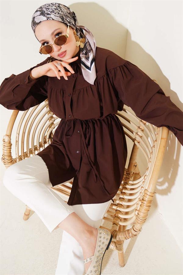 Chest Drawstring Waist Tunnel Shirt Brown