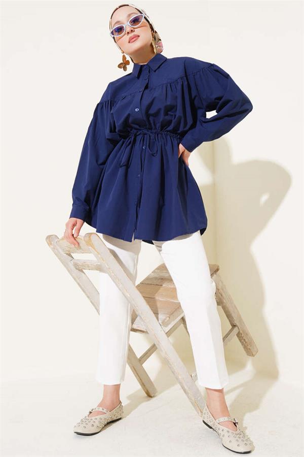 Chest Drawstring Waist Tunnel Shirt Navy Blue