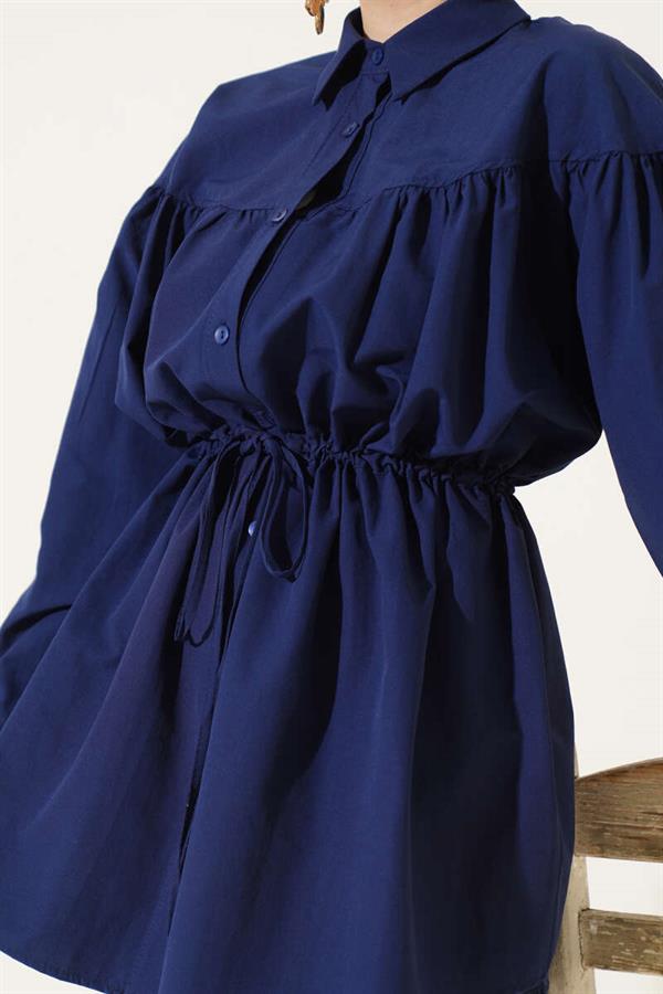 Chest Drawstring Waist Tunnel Shirt Navy Blue