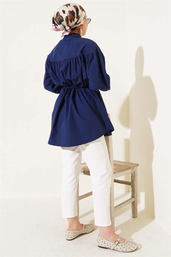 Chest Drawstring Waist Tunnel Shirt Navy Blue